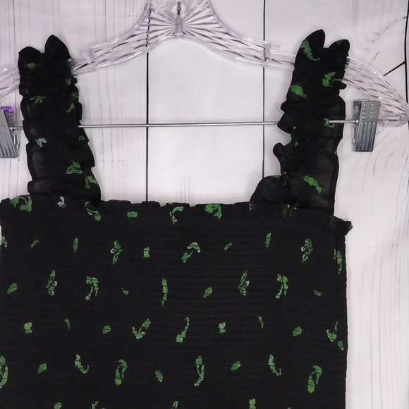 Aritzia Wilfred Luella smocked mini dress in a black with green leaf print - Picture 7 of 10
